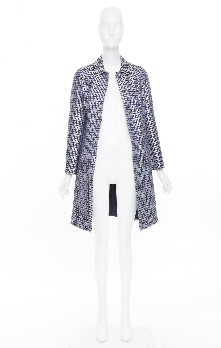 TORY BURCH navy silver metallic cotton blend brocade collared long coat US4 S