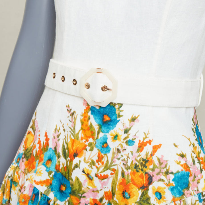 ZIMMERMANN Estelle white linen multicolor floral print belted mini dress Sz.1 XS