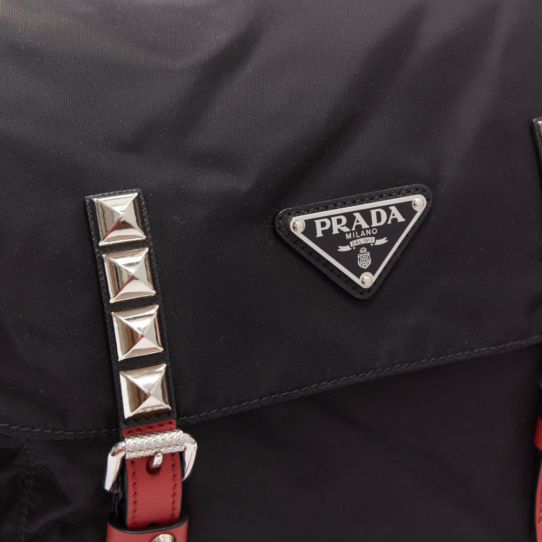 rare PRADA Vela black nylon red punk studded logo plaque crossbody bag