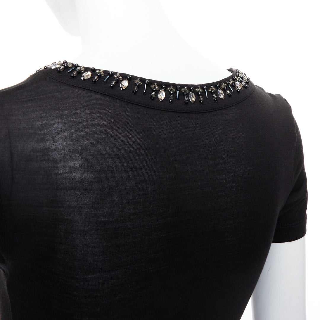 CHRISTIAN DIOR black 100% silk glass PVC beaded collar tshirt FR36 S