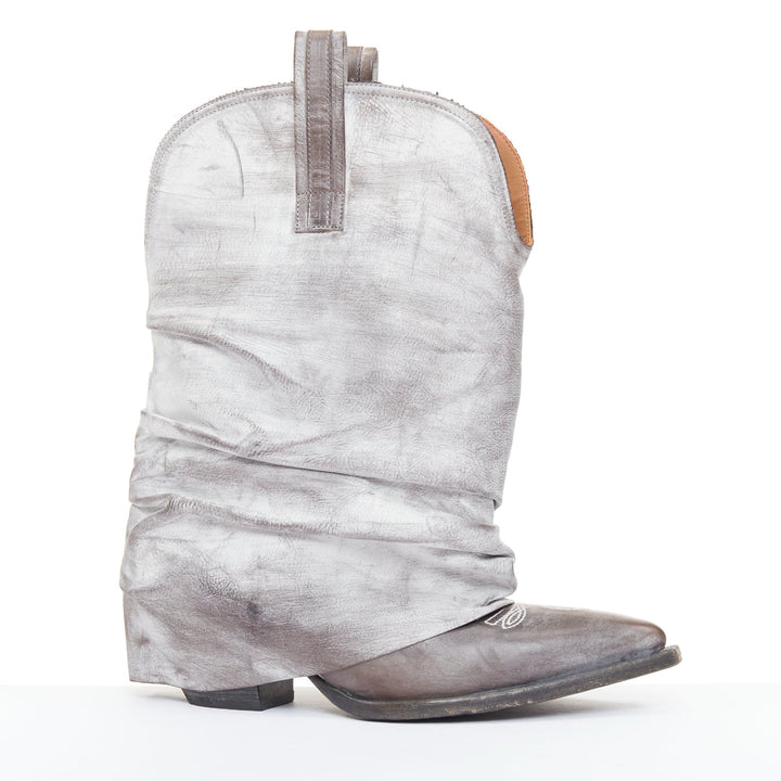 R13 Distressed Low Rider Cowboy grey washed leather slouchy mid calf boots EU38