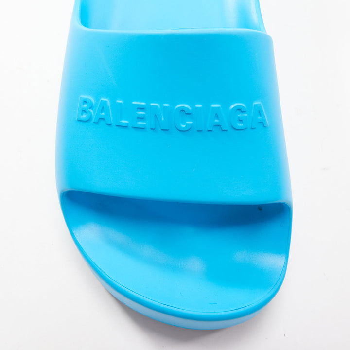 BALENCIAGA sky blue logo embossed rubber platform chunky slides EU38