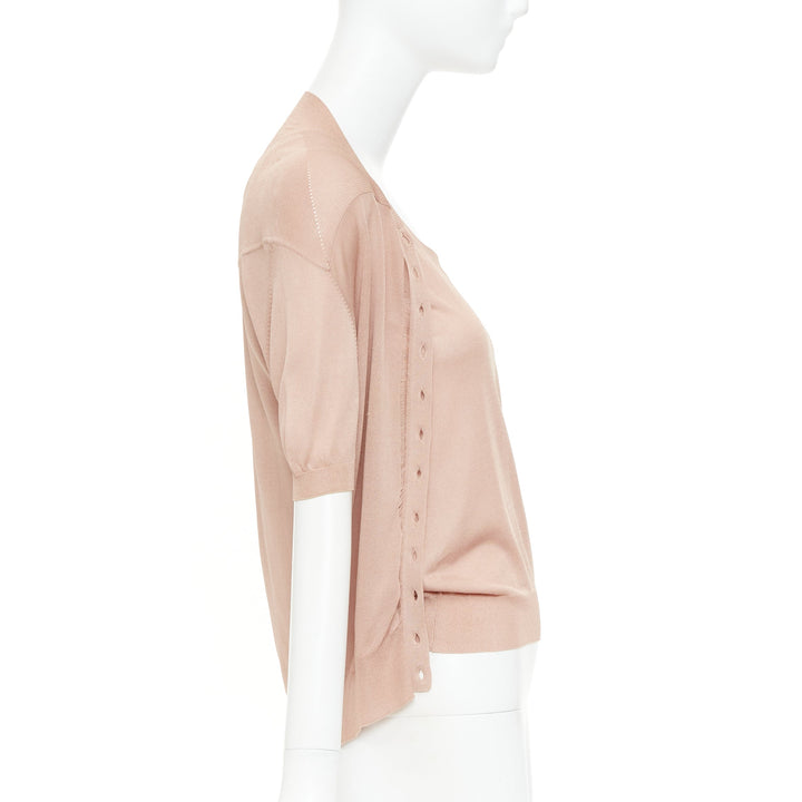 NINA RICCI beige pink 100% silk black button scoop neck cardigan vest set S