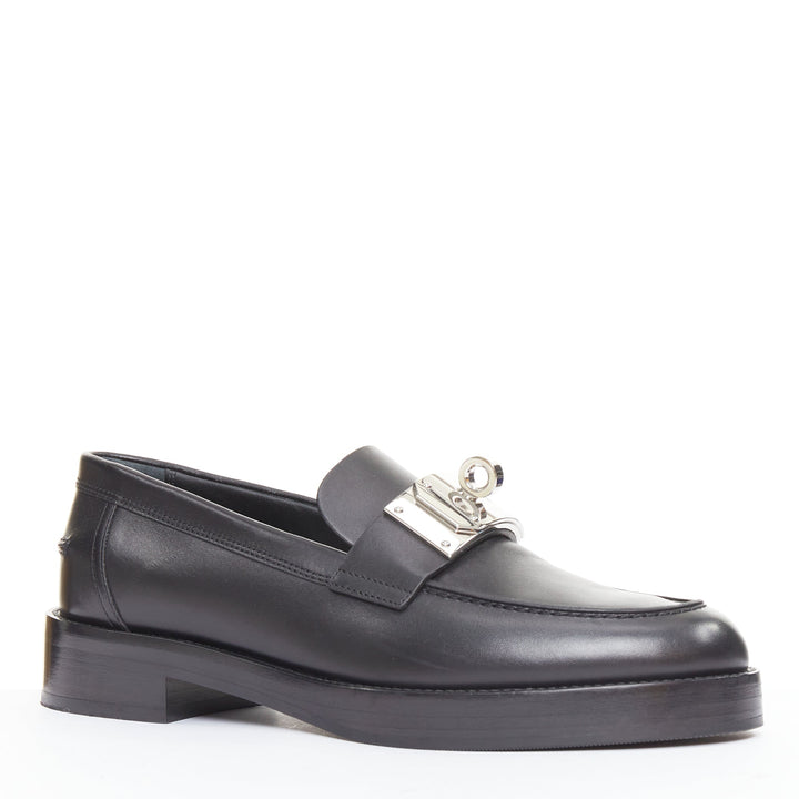 HERMES 2023 Hot Loafer black calfskin palladium Kelly buckle shoes EU38.5
