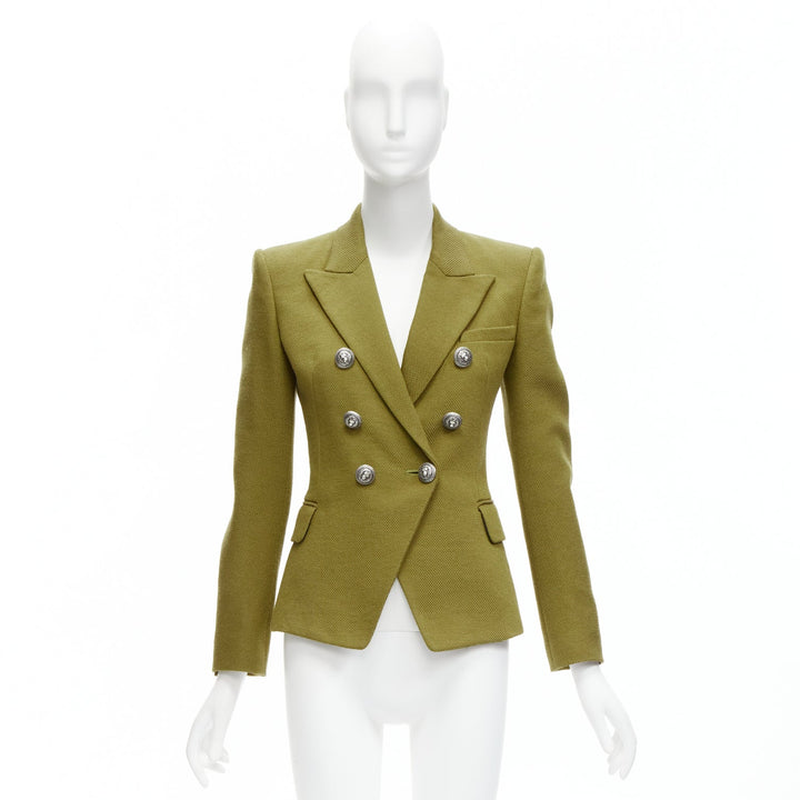 BALMAIN green silver lion button double breasted military blazer jacket FR36 S