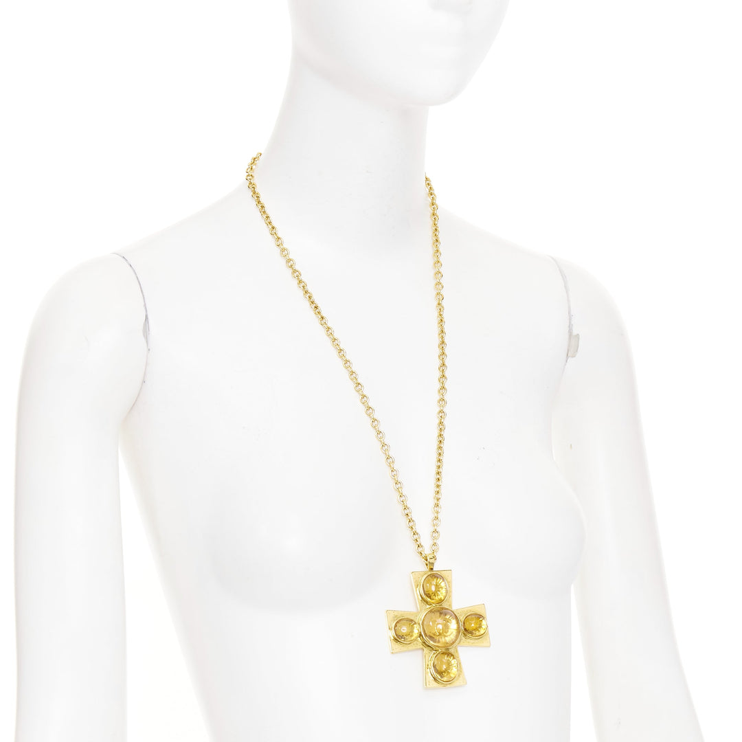 CHANEL L22A Gropoix Cabochon Resin Byzantine Cross CC logo pendant long necklace
