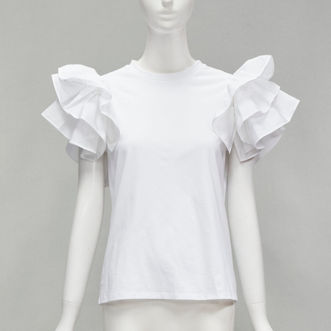 ALEXANDER MCQUEEN white cotton ruffle sleeve crew neck tshirt XS IT38