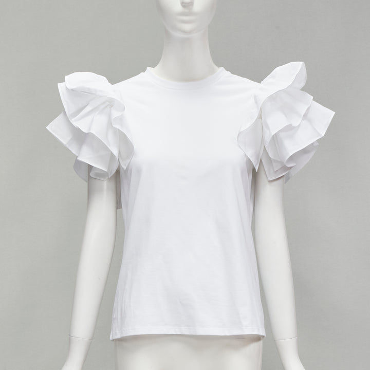 ALEXANDER MCQUEEN white cotton ruffle sleeve crew neck tshirt XS IT38