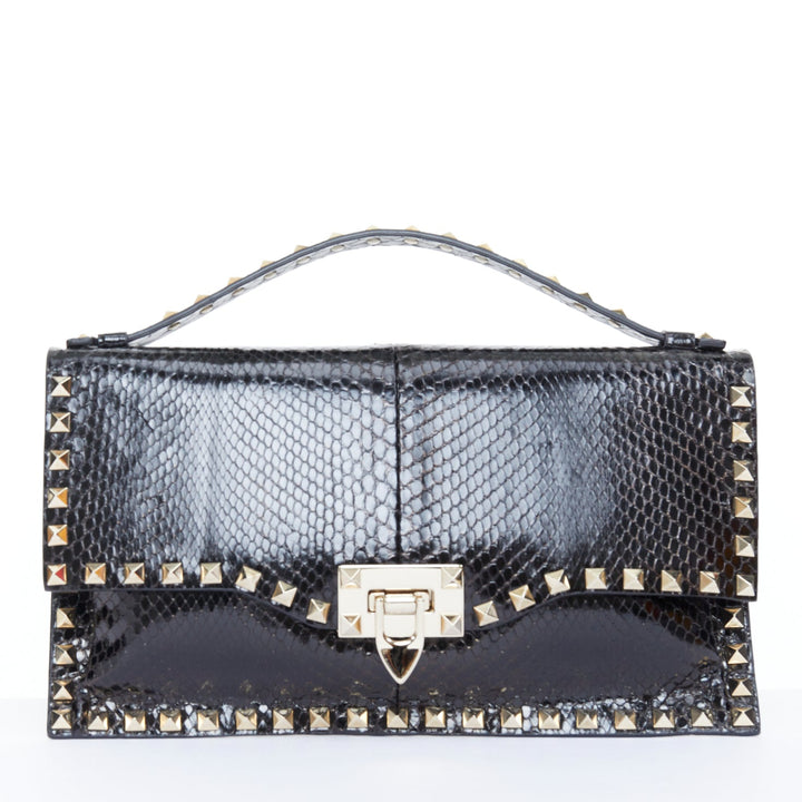 VALENTINO Rockstud black scaled leather silver flip lock top handle clutch bag