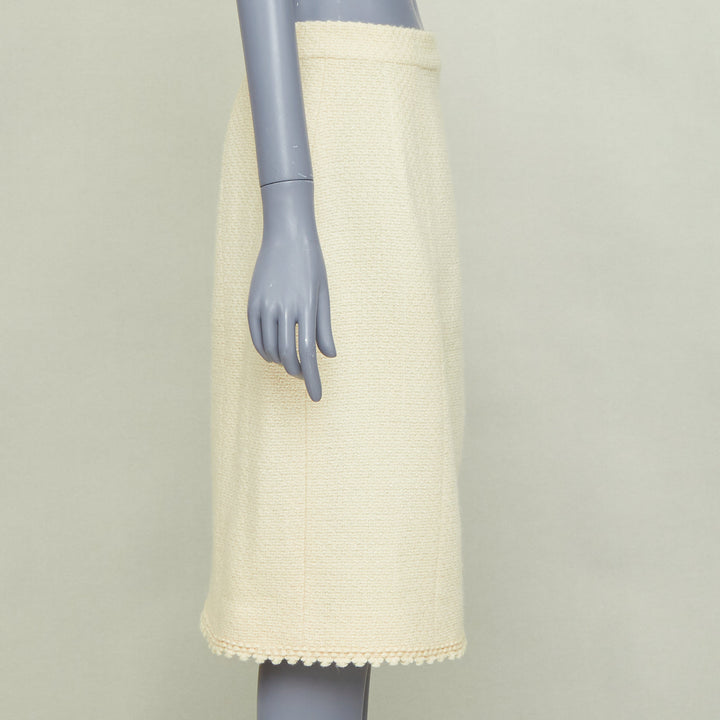 CHANEL Vintage cream wool tweed scalloped hem silk lined pencil skirt FR42 XL