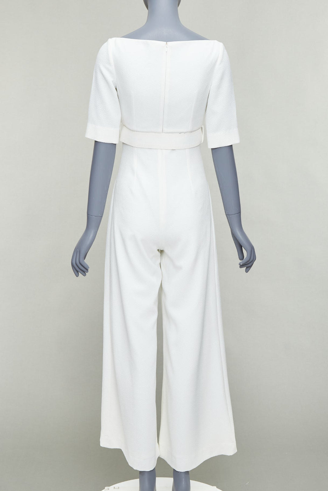 EMILIA WICKSTEAD cream cloque wide leg v neck belted jumpsuit UK8 S