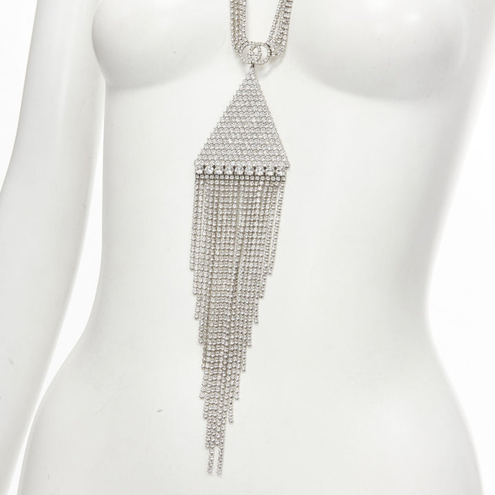 rare GUCCI ALESSANDRO MICHELE silver crystal GG triangle tassel  necklace