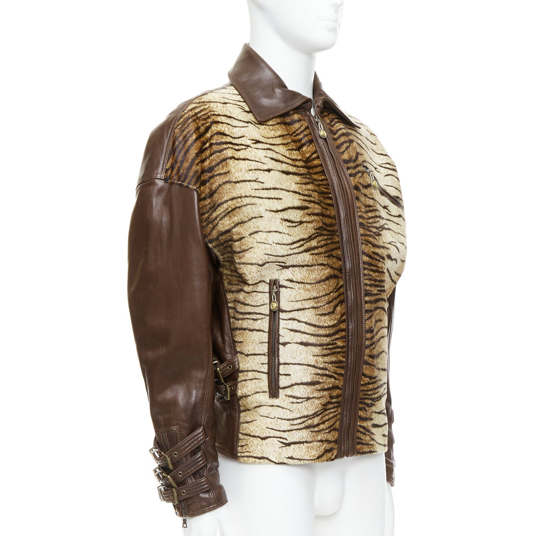 Male mannequin wearing Gianni Versace by Gianni Versace FW 1992 S&M Brown Leather Men Leather Jacket in Size EU48 | Available at JHROP