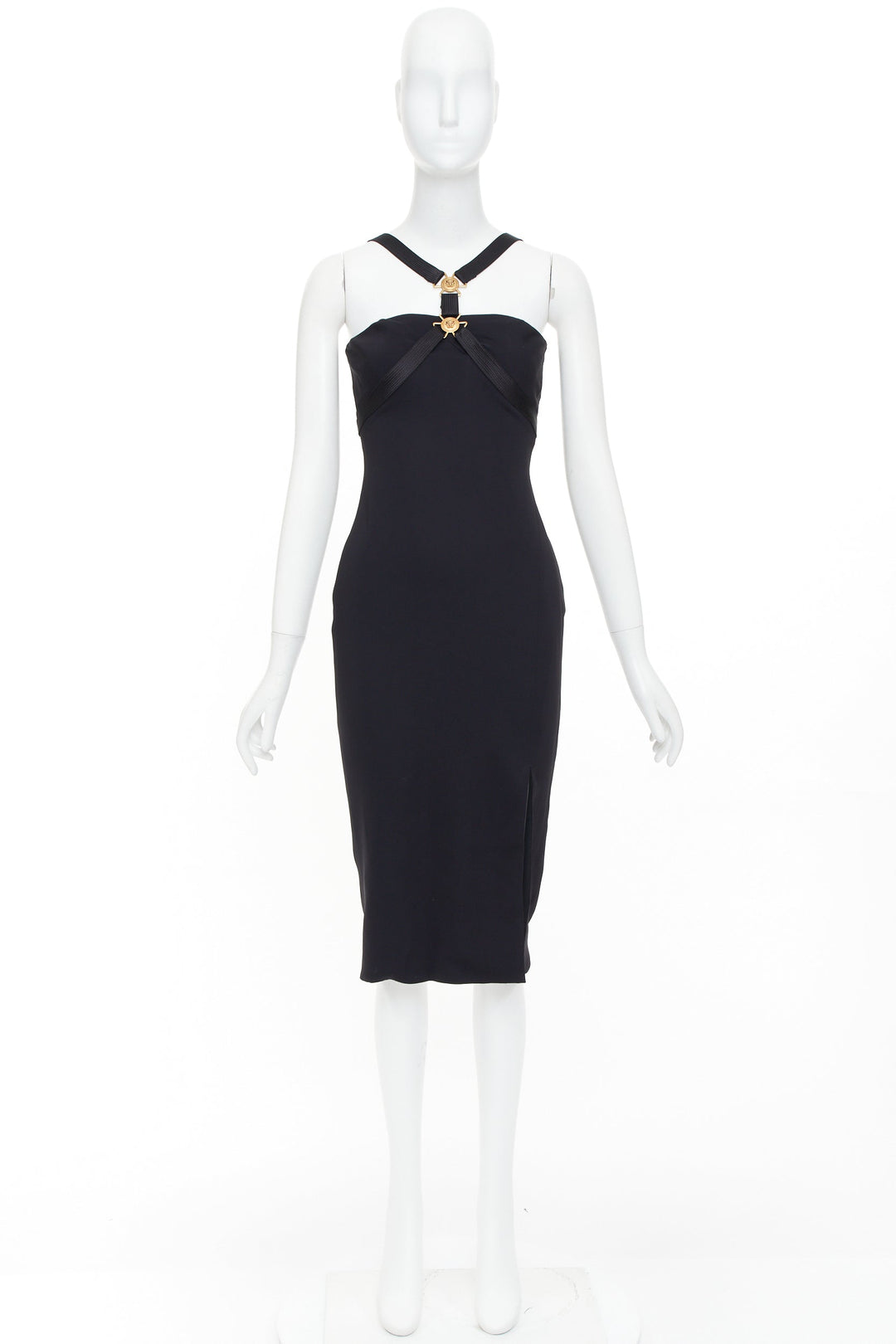 VERSACE black gold Medusa plaque bondage accent midi harness dress IT38 XS