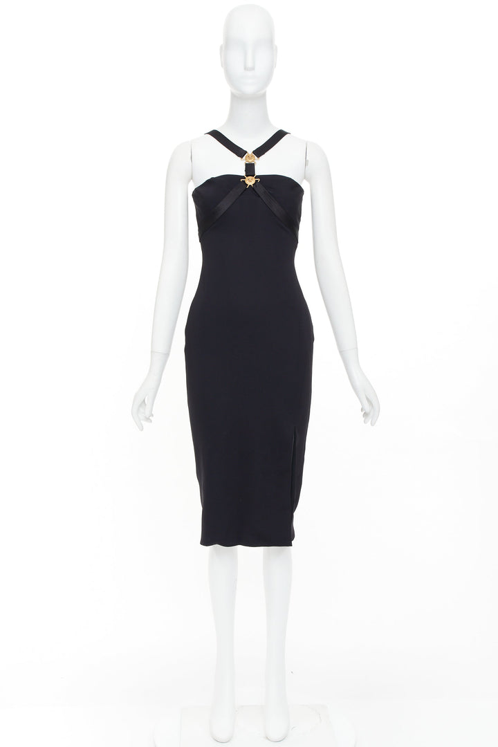 VERSACE black gold Medusa plaque bondage accent midi harness dress IT38 XS