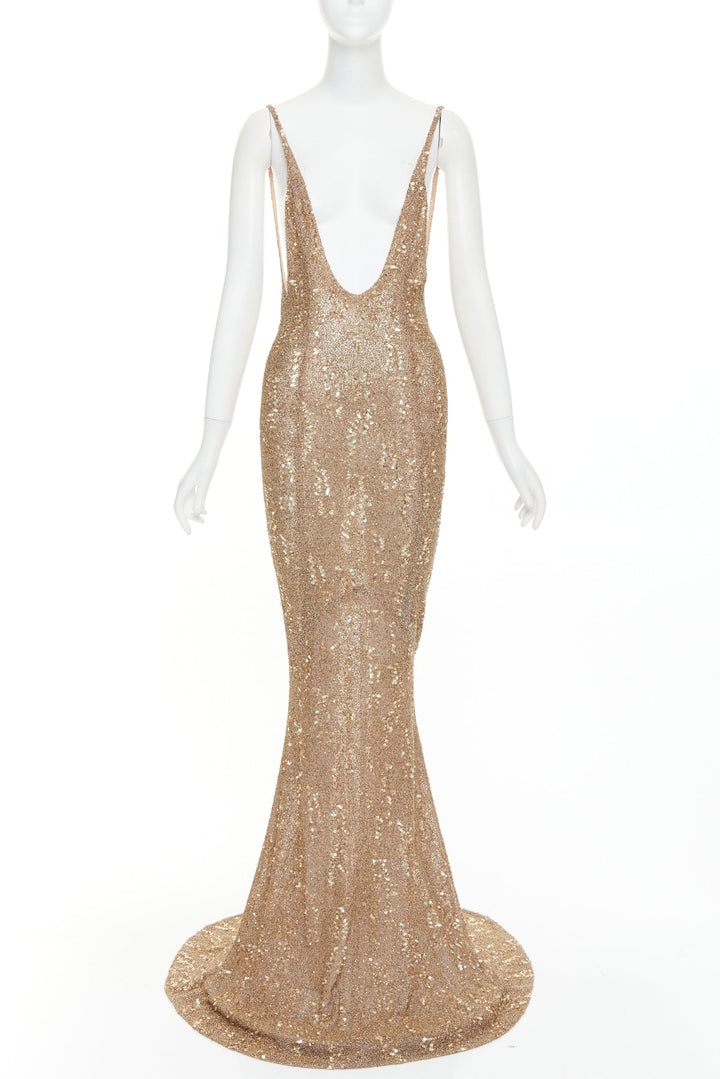 rare ALEXANDRE VAUTHIER COUTURE gold bead sequin embellished plunge evening