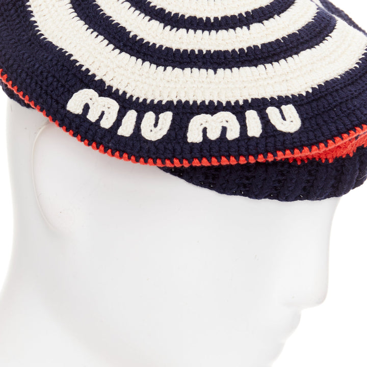 MIU MIU 2024 navy red white logo applique striped crochet knit beret hat M