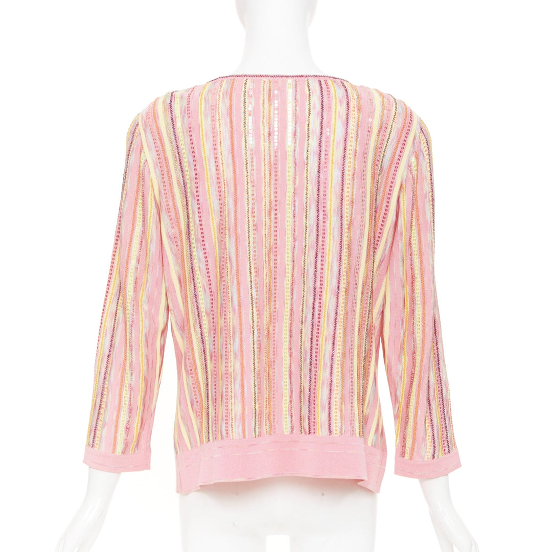 ESCADA vintage pink multi stripe sequin beaded v neck knit cardigan top FR42 XL