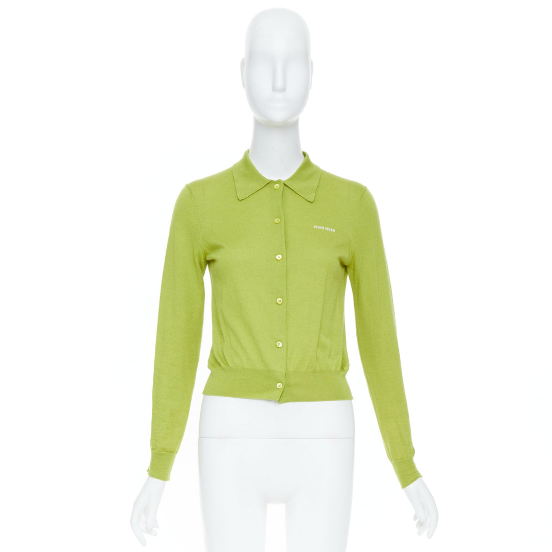 MIU MIU 2024 pistacchio green logo cashmere silk polo collar cardigan IT40 S