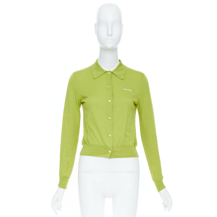 MIU MIU 2024 pistacchio green logo cashmere silk polo collar cardigan IT40 S