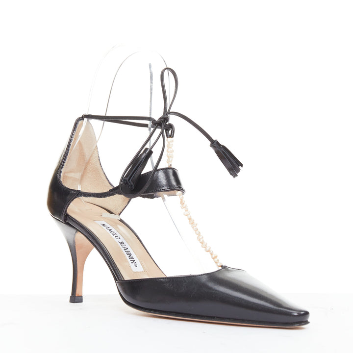 MANOLO BLAHNIK black calf leather nude pearl embellished tstrap heels EU36.5
