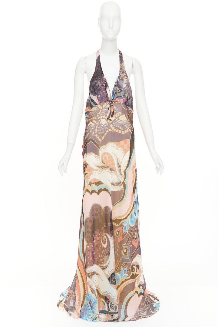 CHRISTIAN LACROIX Vintage abstract paisley print silk halter dress FR46 3XL