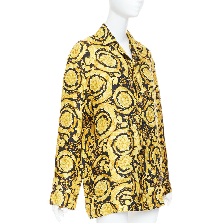 VERSACE 100% silk Signature Barocco Baroque black gold print pajama shirt Sz2 M