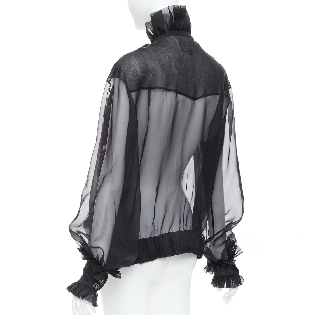 rare CHANEL black sheer silk Victorian ruffle collar zip up bomber jacket