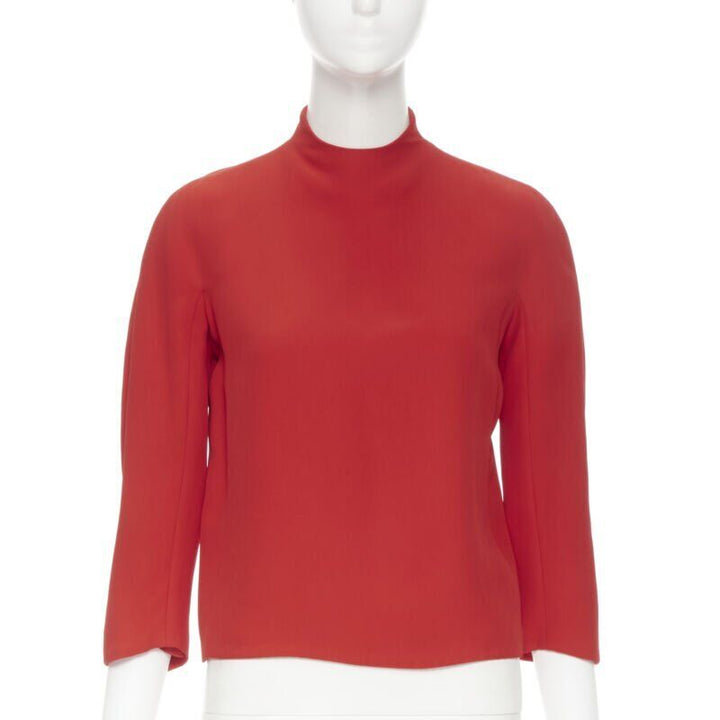 RALPH LAUREN red viscose crepe silk lined mock neck 3/4 sleeve top US0 XS