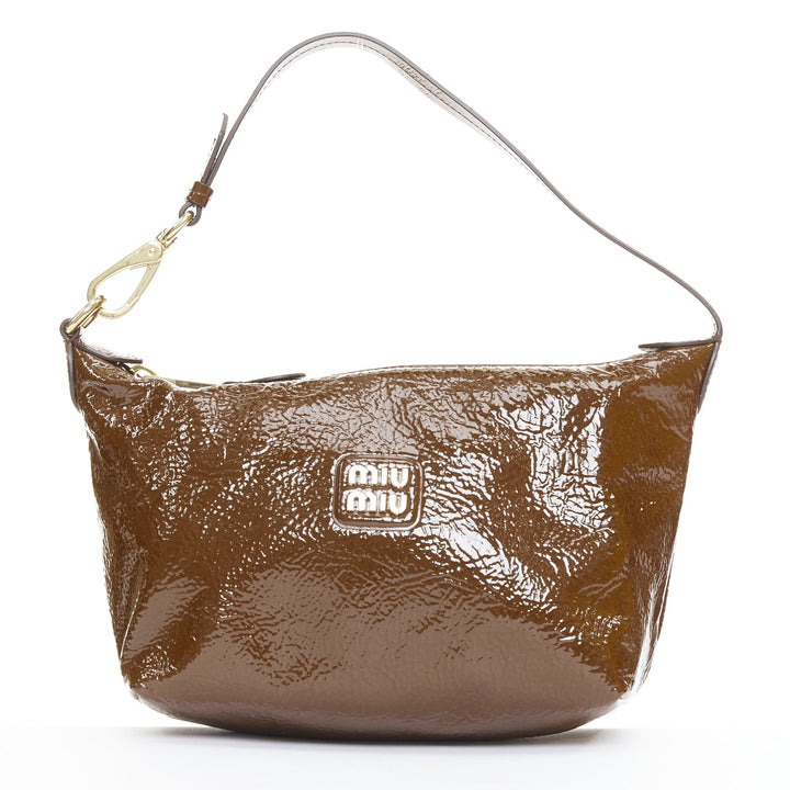 MIU MIU 2024 brown Naplak patent leather gold logo mini pouch bag