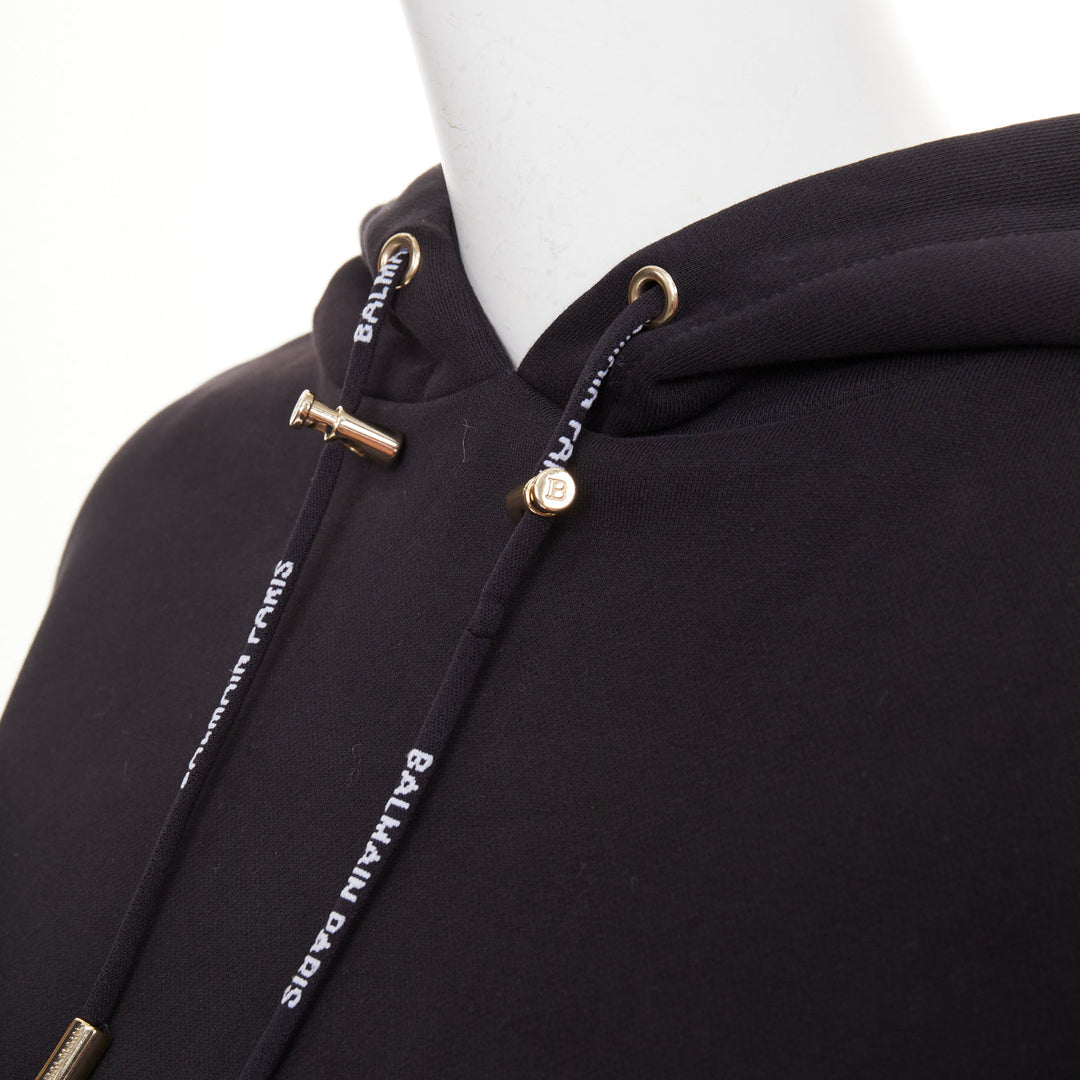 BALMAIN black cotton white flocked felt logo print side split fleece hoodie XS