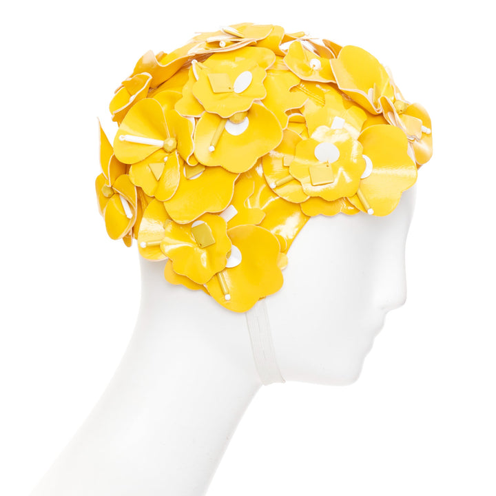 MIU MIU 2017 Runway yellow patent leather petals beaded retro swim cap hat S