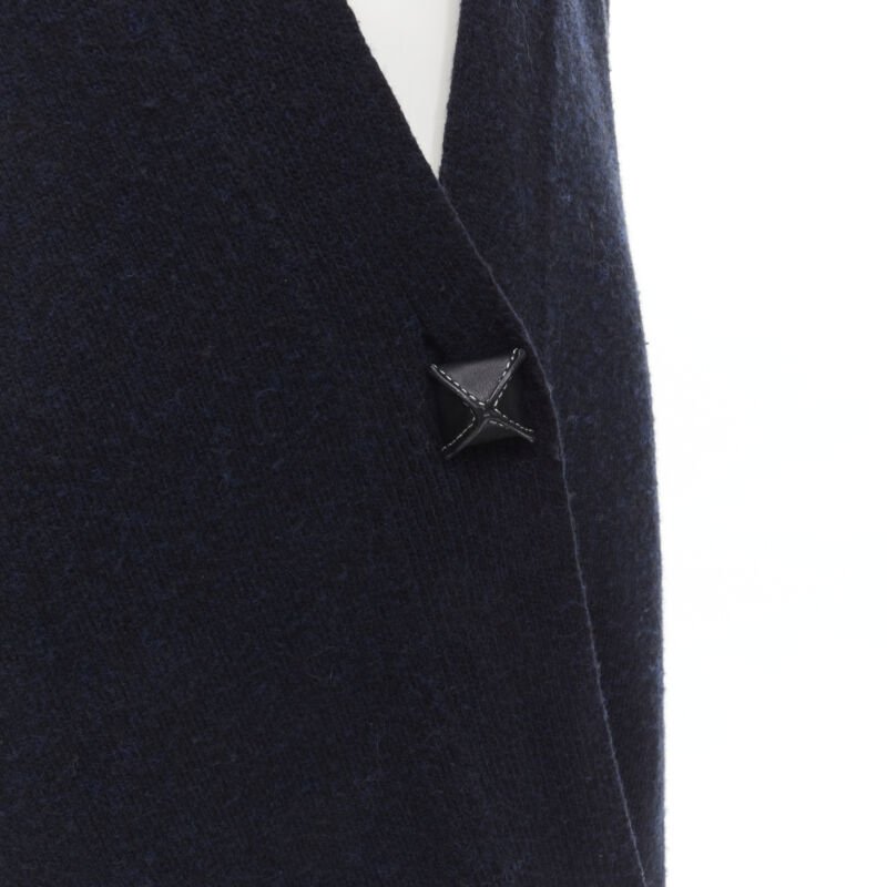 HERMES 100% cashmere Medor leather button navy black long line cardigan FR36 XS