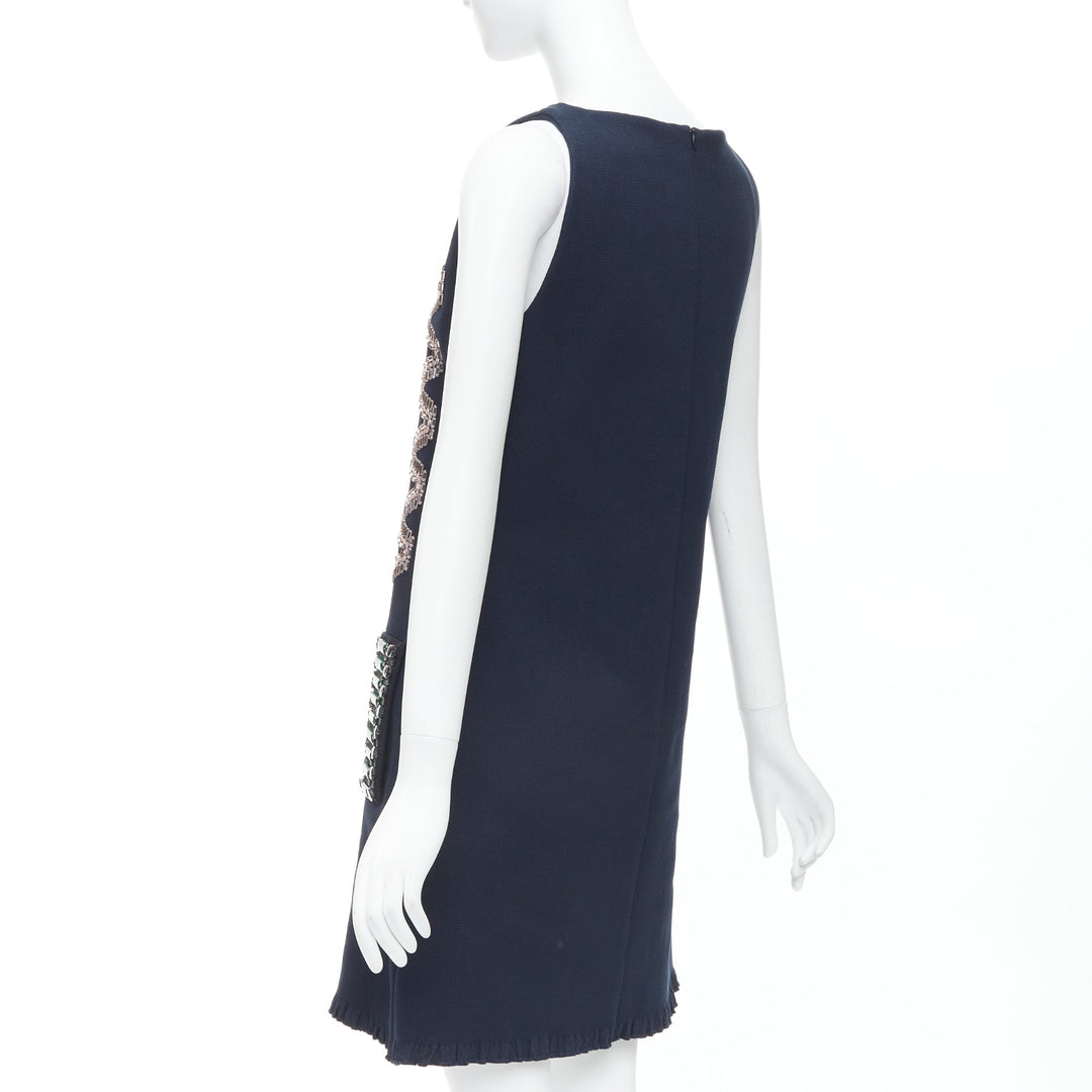 LANVIN 2015 navy cotton rhinestone embellished ribbon shift dress FR36 S