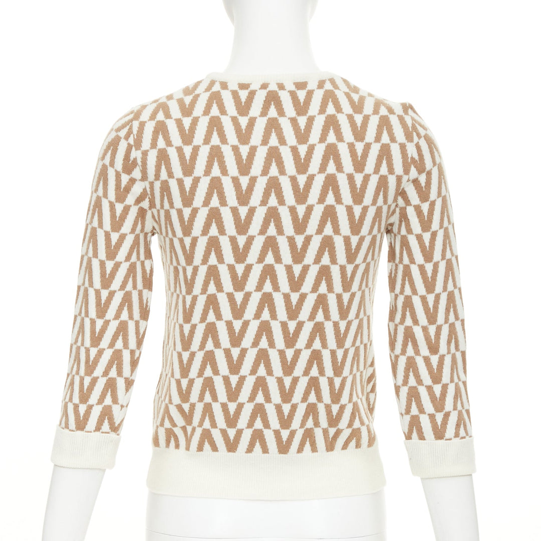 VALENTINO beige brown virgin wool cashmere V monogram knit pullover sweater S