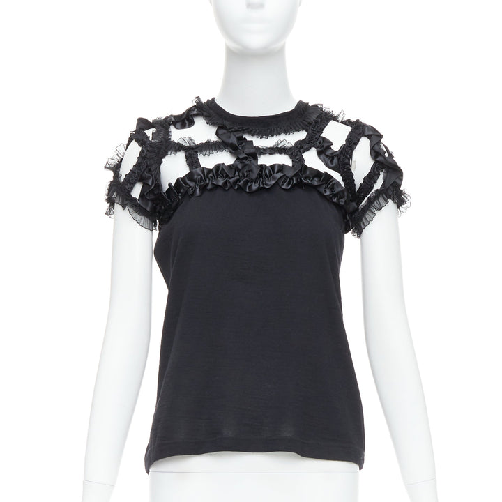 COMME DES GARCONS 2008 black wool ruffle cut out crew top S