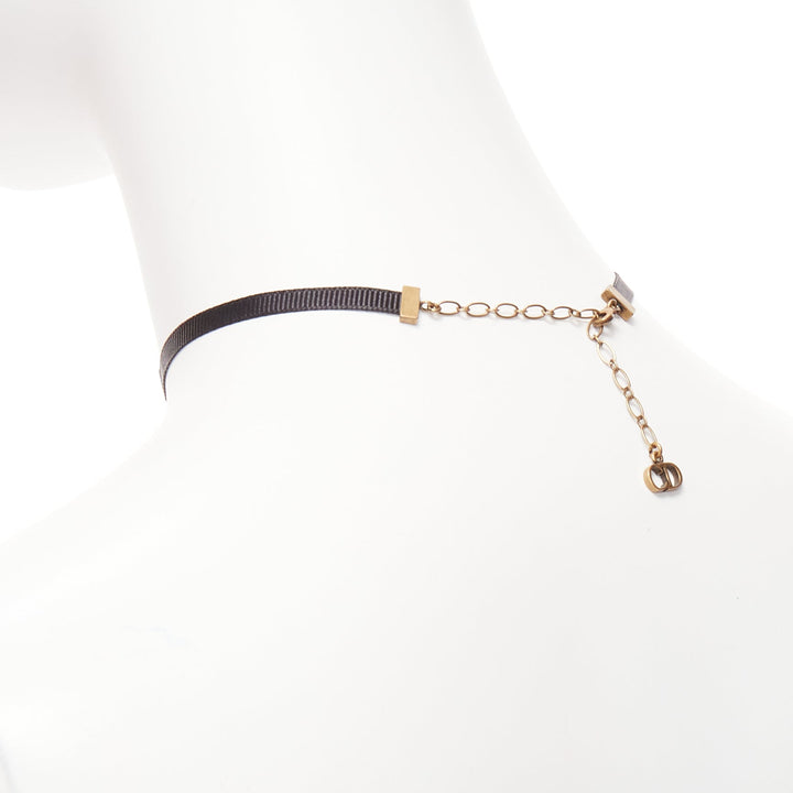 DIOR antique gold star CD charm black fabric short choker