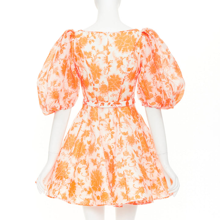 ZIMMERMANN Postcard orange floral linen silk puff sleeve flare mini dress Sz0 XS