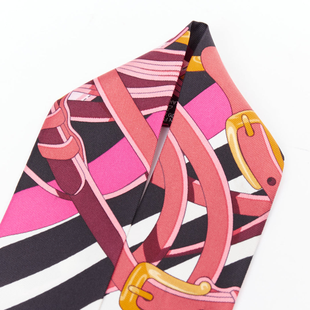 HERMES Coaching  Twilly hot pink blue gold buckles handbag skinny scarf