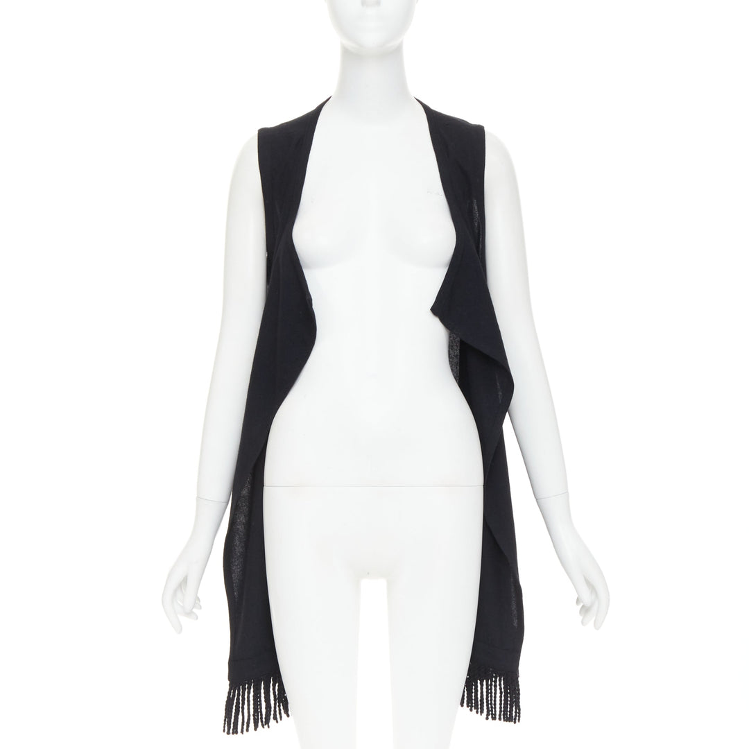 LIMI FEU black wool blend fringe hem open front draped long vest