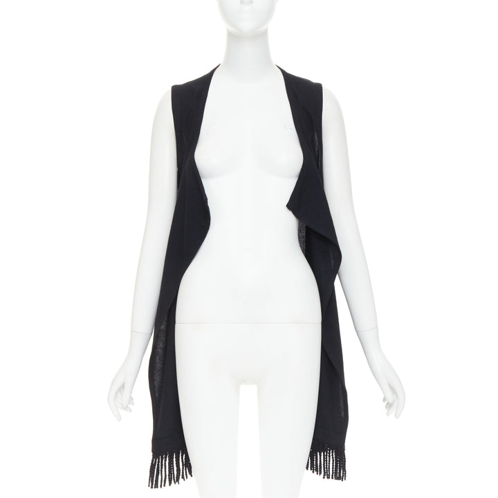 LIMI FEU black wool blend fringe hem open front draped long vest