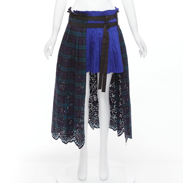SACAI 2015 blue green plaid cotton eyelets lace asymmetric wrap skirt JP3 L