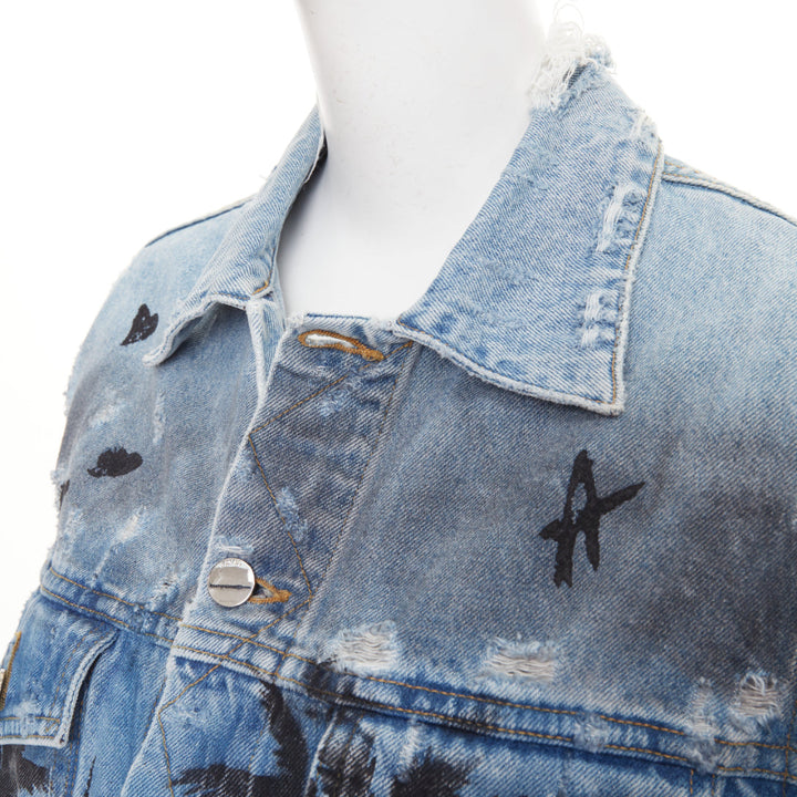 AMIRI 2017 Palm Tree Sunset airbrush blue distressed denim trucker jacket XS