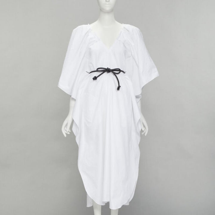 ROLAND MOURET 2021 Lange white needlepoint poplin leather cord belt dress XS