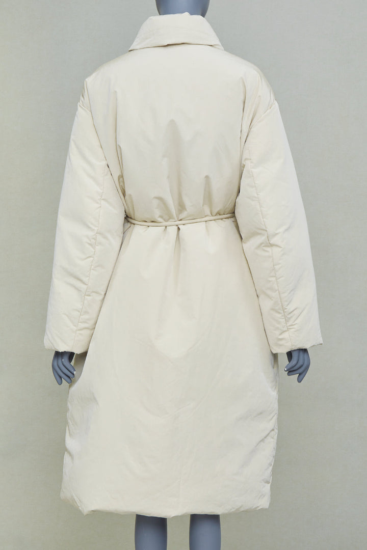 AMOMENTO ivory polyester quilted drawstring waist long padded outerwear coat OS