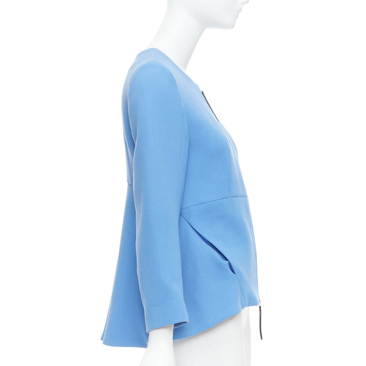 MARNI sky blue virgin wool zip front peplum crew neck coat IT40 S