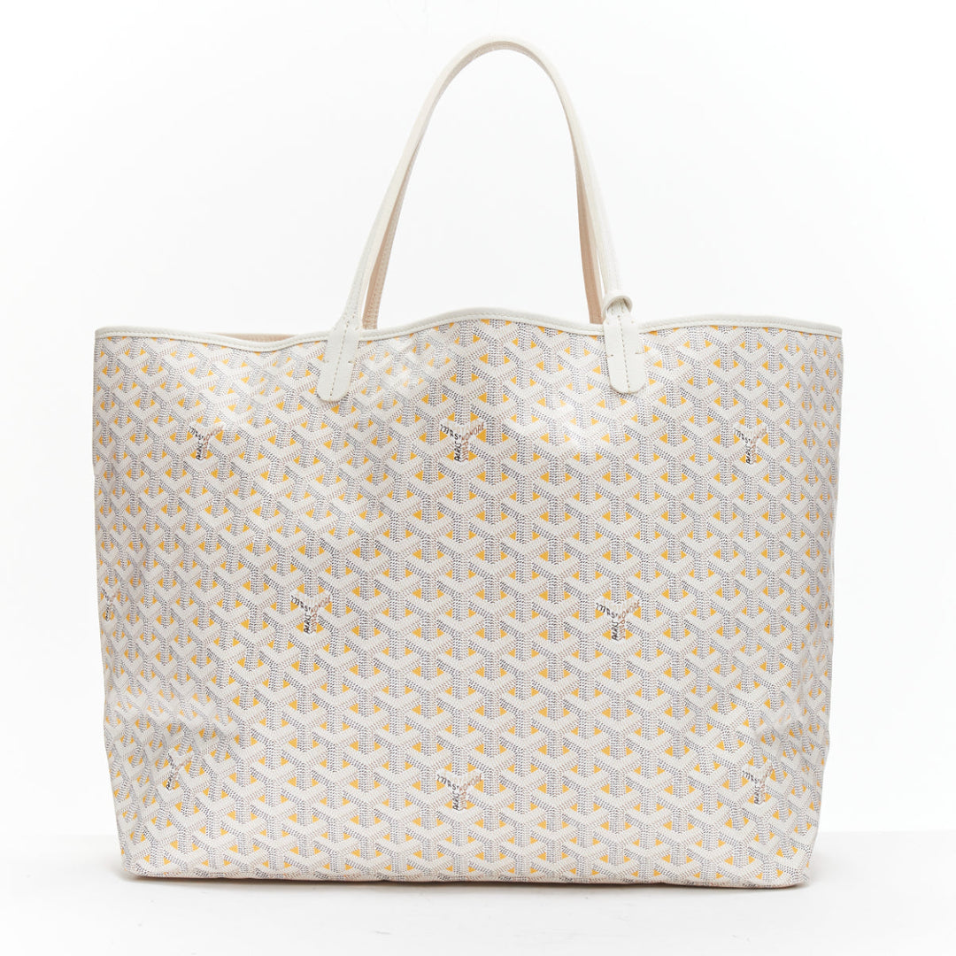 Female mannequin wearing Goyard Saint Louis GM White Canvas Women Bag in Size  | Available at JHROP