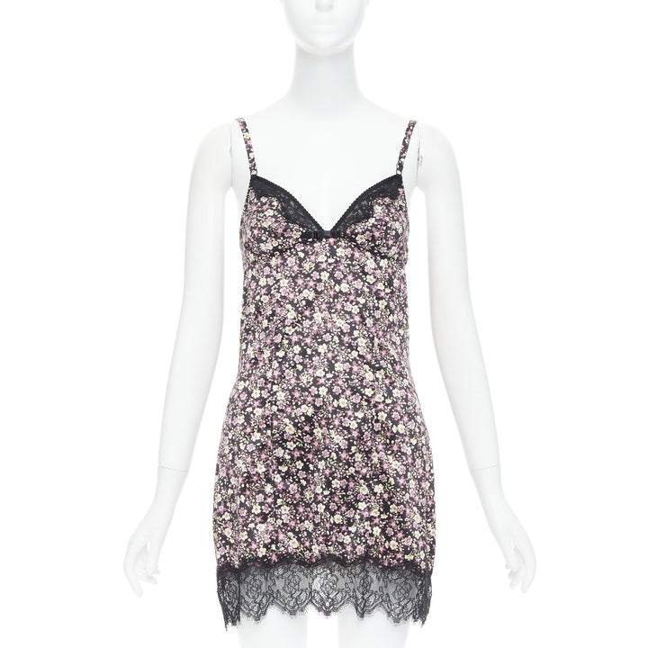 D&G DOLCE GABBANA Vintage pink green floral black bow lace trim slip dress M