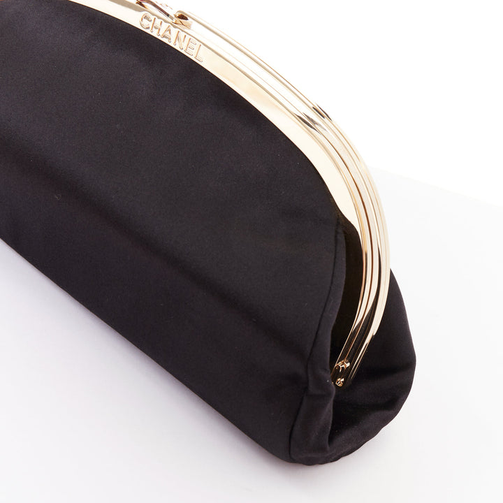CHANEL Vintage black satin gold frame slide lock half moon evening clutch bag