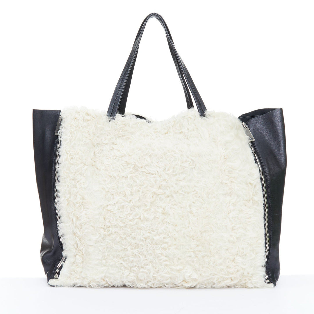 CELINE 2011 Vertical Gusset Cabas cream shearling black leather zip tote bag